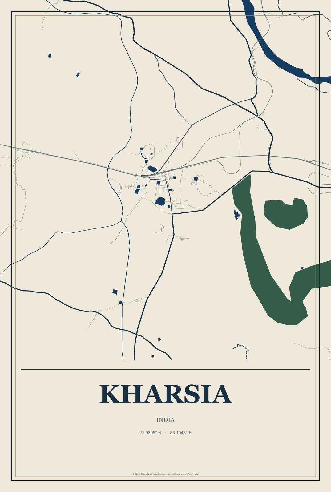 Kharsia, India City Map Aluminum Sign in Coastal Cutout style