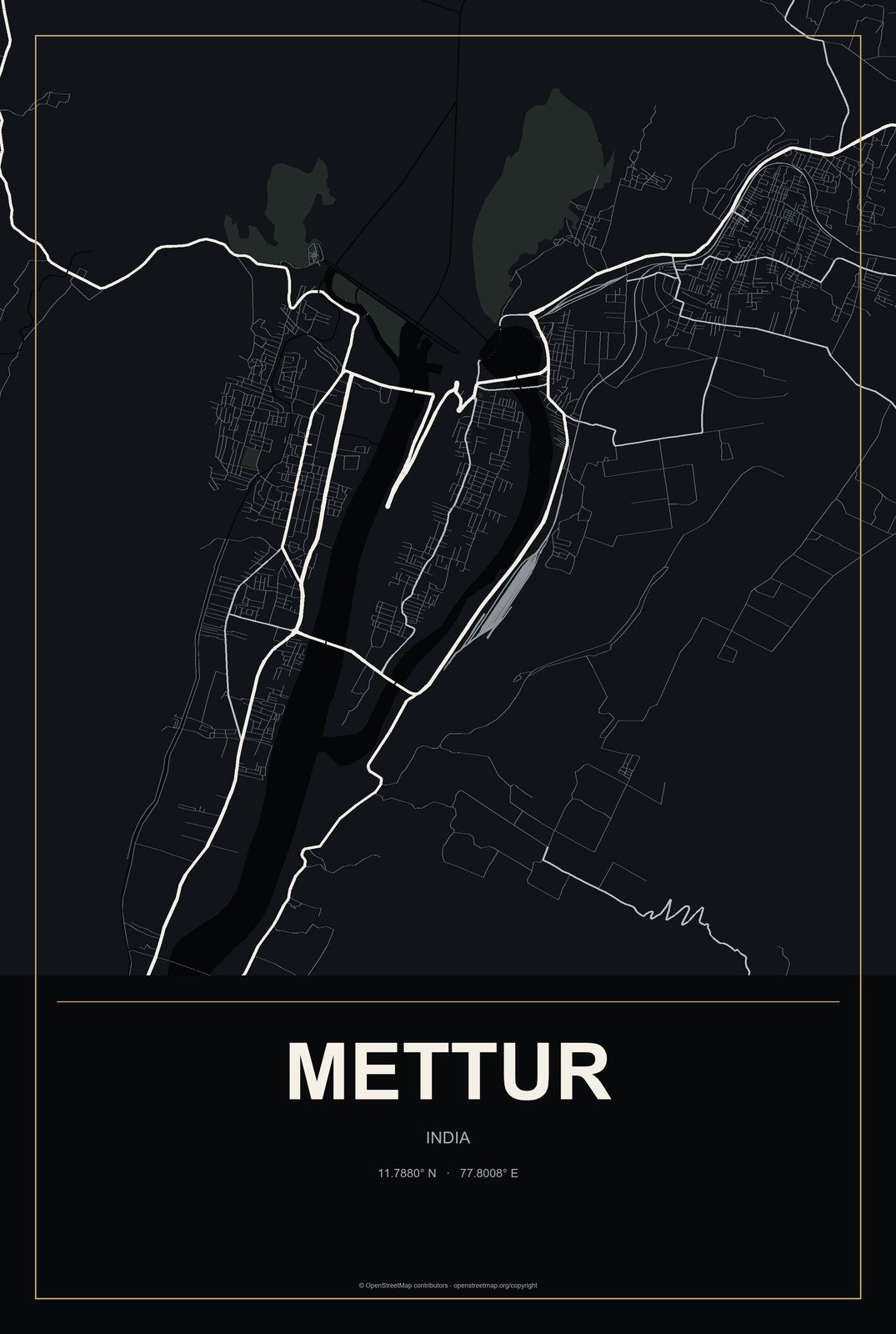 Mettur, India City Map Aluminum Sign in Metropolitan Noir style