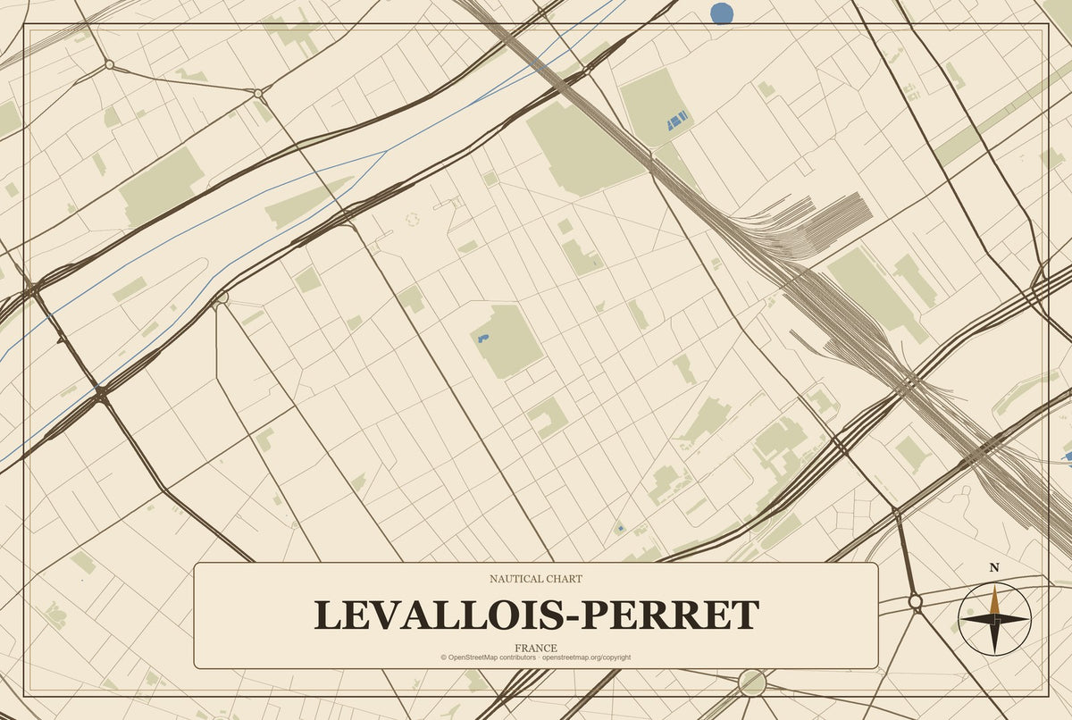 Levallois-Perret, France City Map Aluminum Sign in Heritage Nautical style