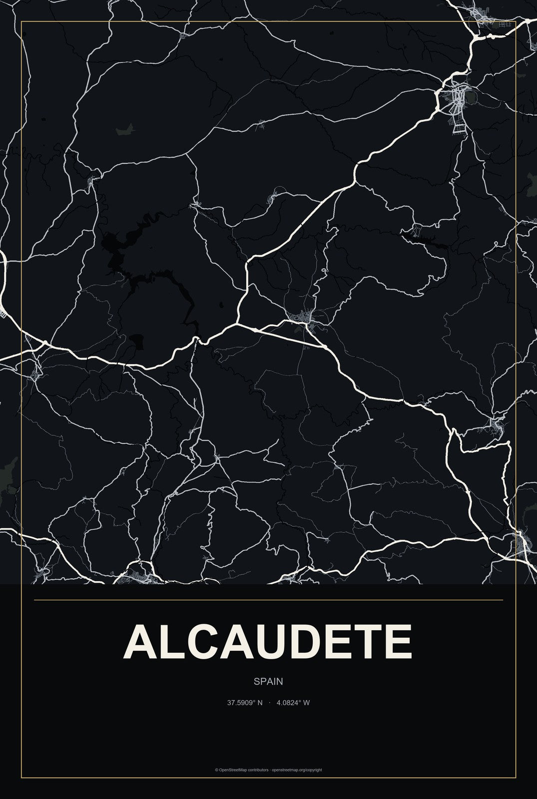 Alcaudete, Spain City Map Aluminum Sign in Metropolitan Noir style