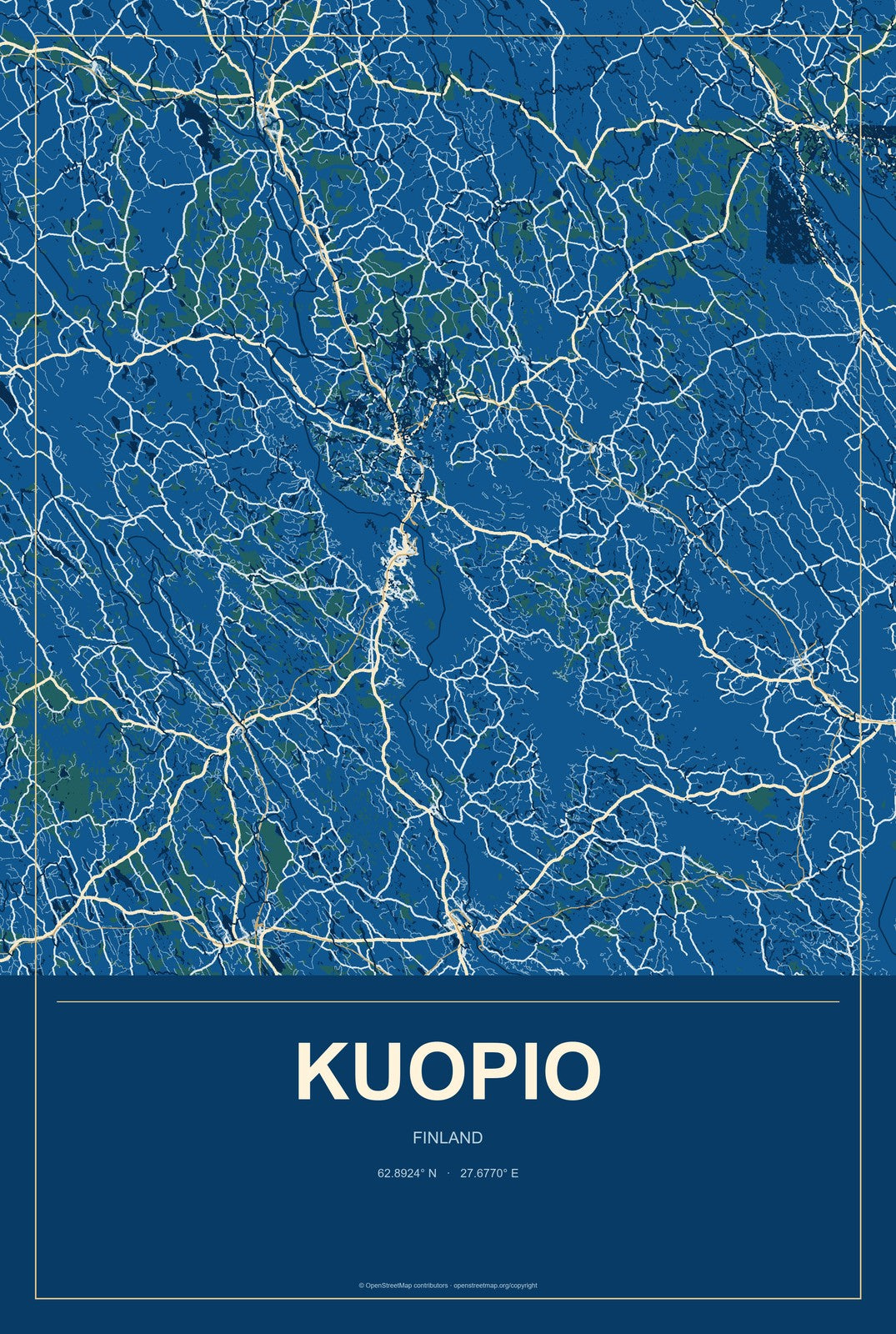 Kuopio, Finland City Map Aluminum Sign in Harbor Cobalt style