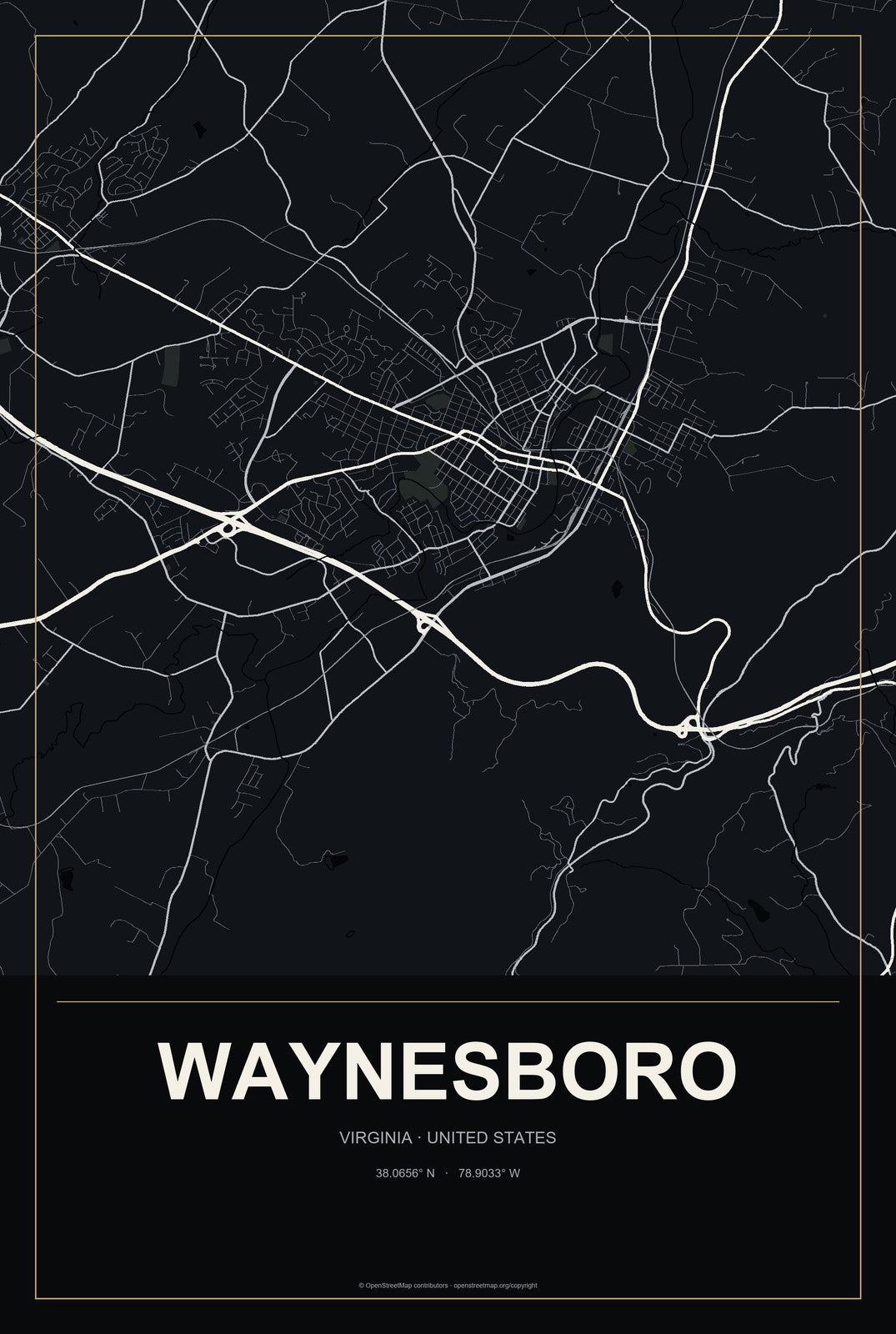 Waynesboro, Virginia City Map Aluminum Sign in Metropolitan Noir style
