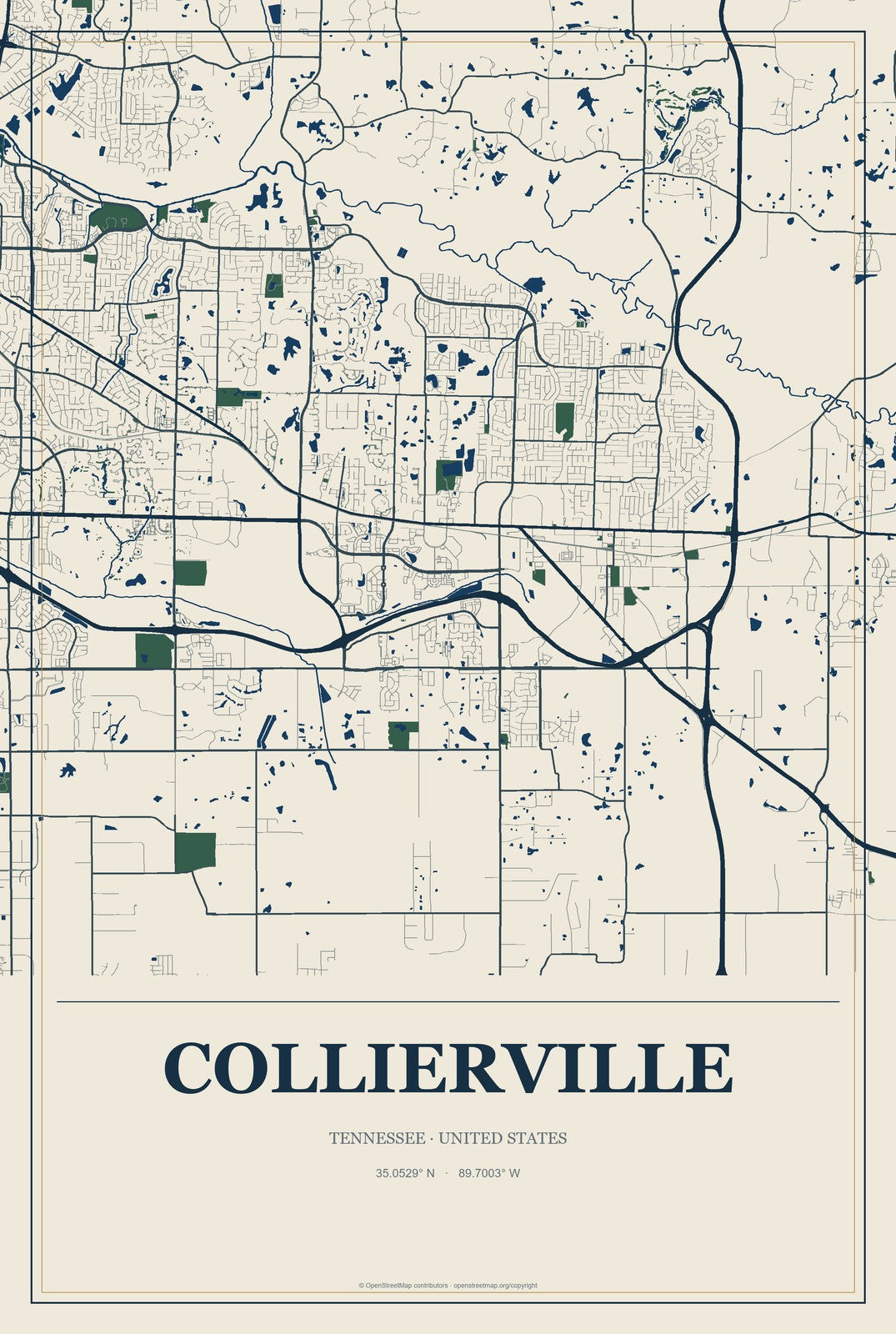 Collierville, Tennessee City Map Aluminum Sign in Coastal Cutout style