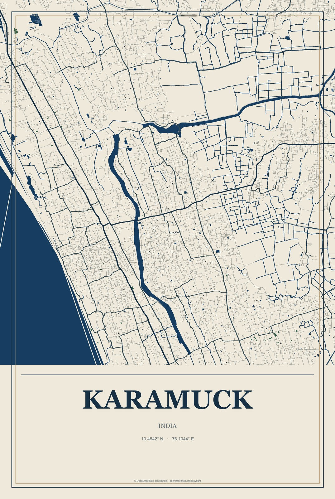Karamuck, India City Map Aluminum Sign in Coastal Cutout style