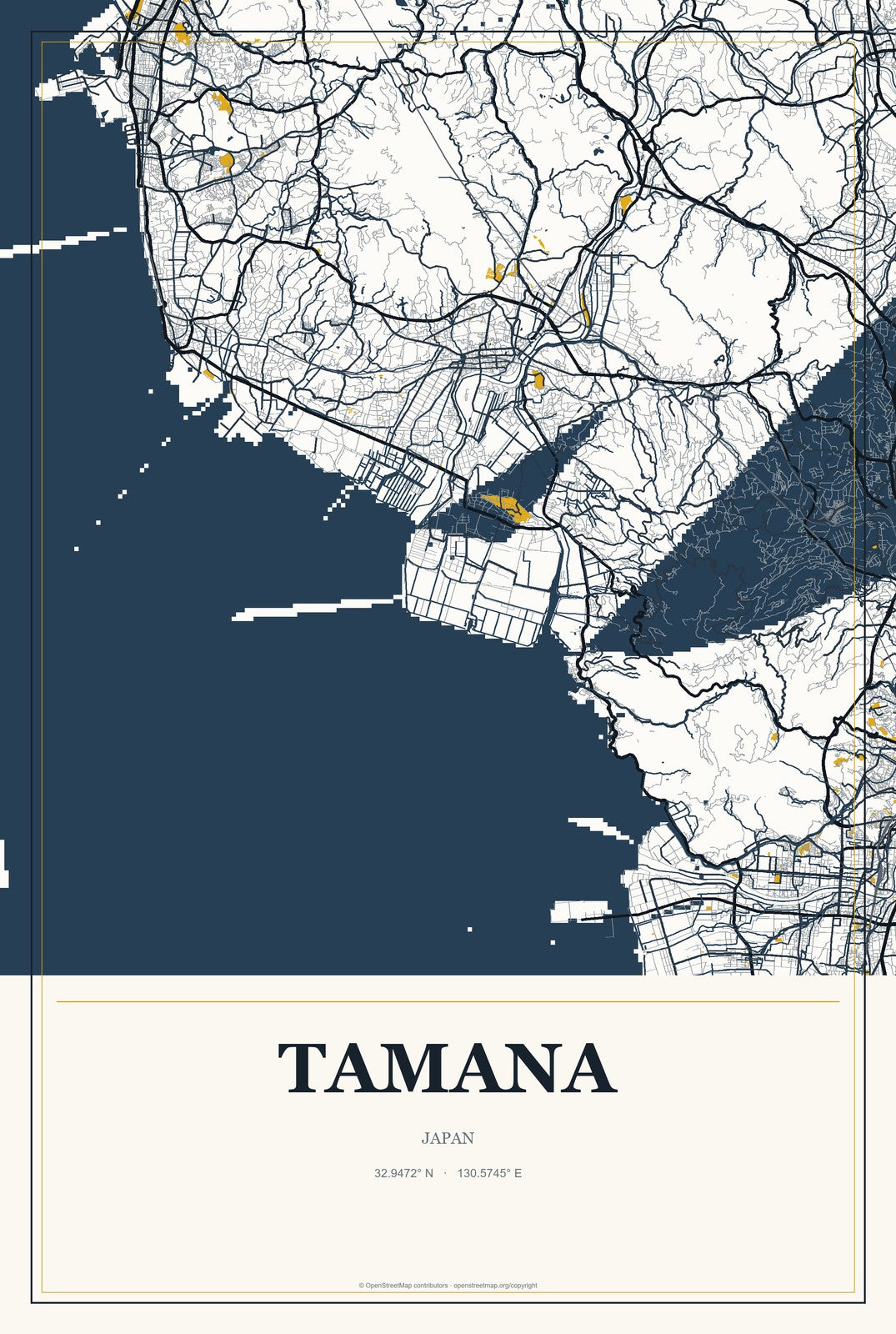 Tamana, Japan City Map Aluminum Sign in Citrine Modern style