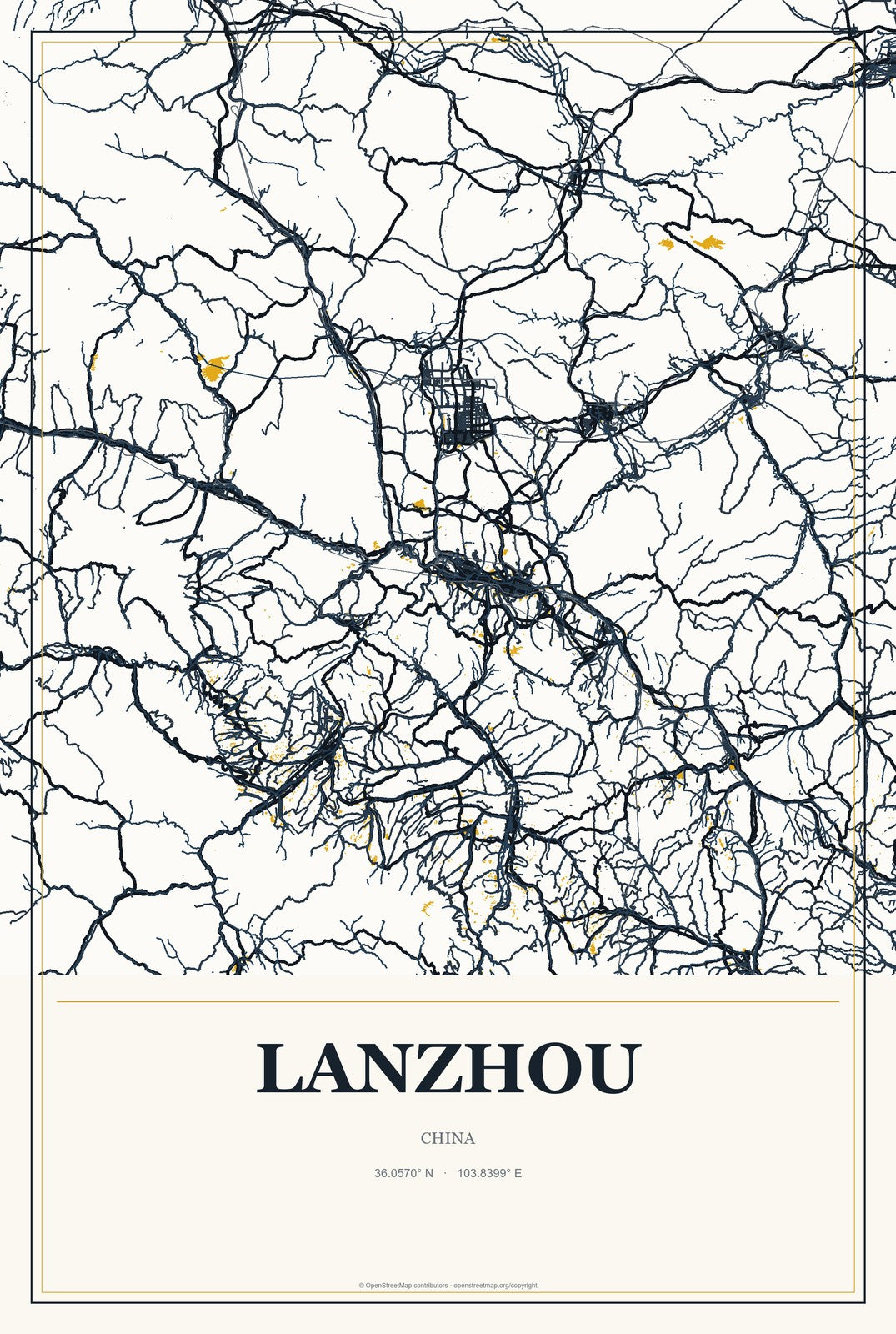 Lanzhou, China City Map Aluminum Sign in Citrine Modern style