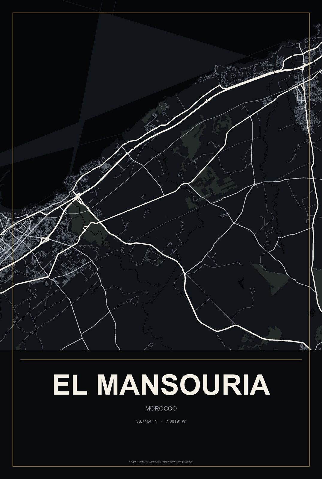 El Mansouria, Morocco City Map Aluminum Sign in Metropolitan Noir style