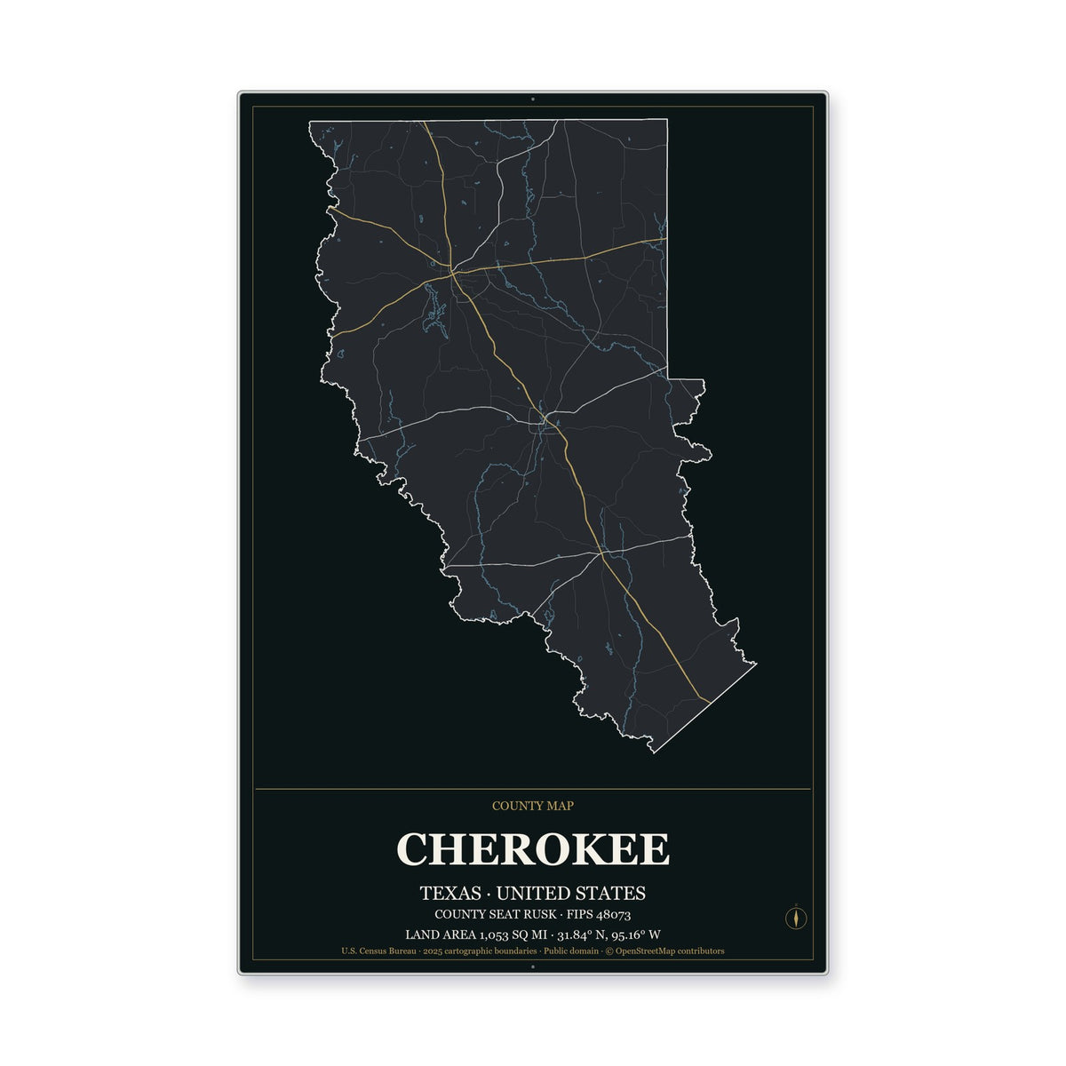 Cherokee County, Texas Map Aluminum Sign in Metropolitan Noir style