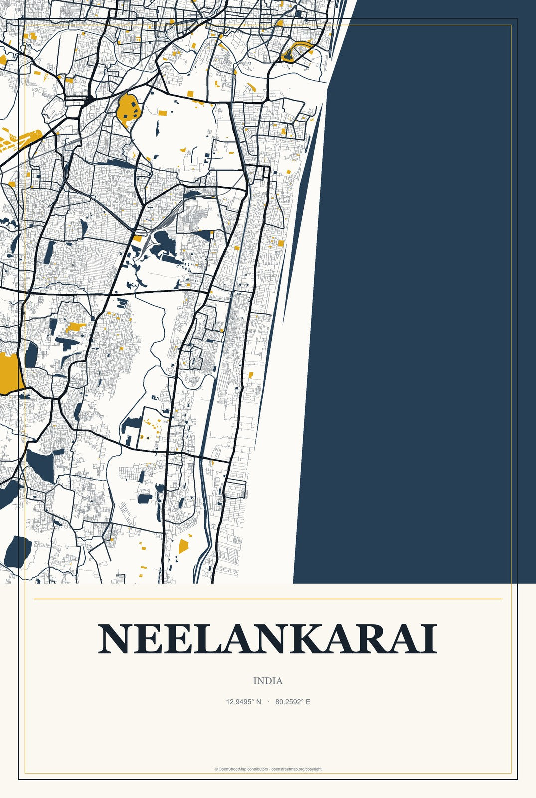 Neelankarai, India City Map Aluminum Sign in Citrine Modern style