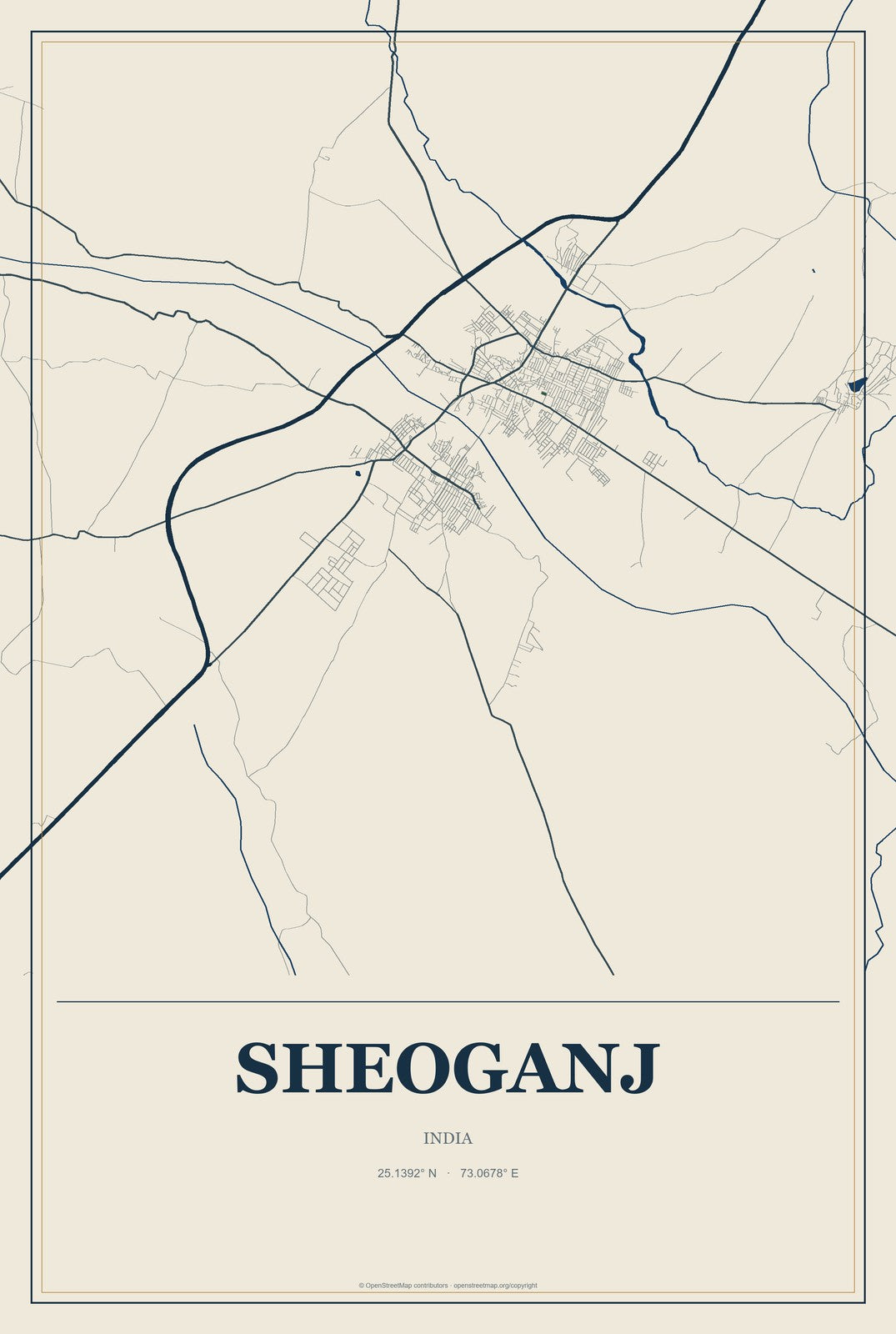 Sheoganj, India City Map Aluminum Sign in Coastal Cutout style