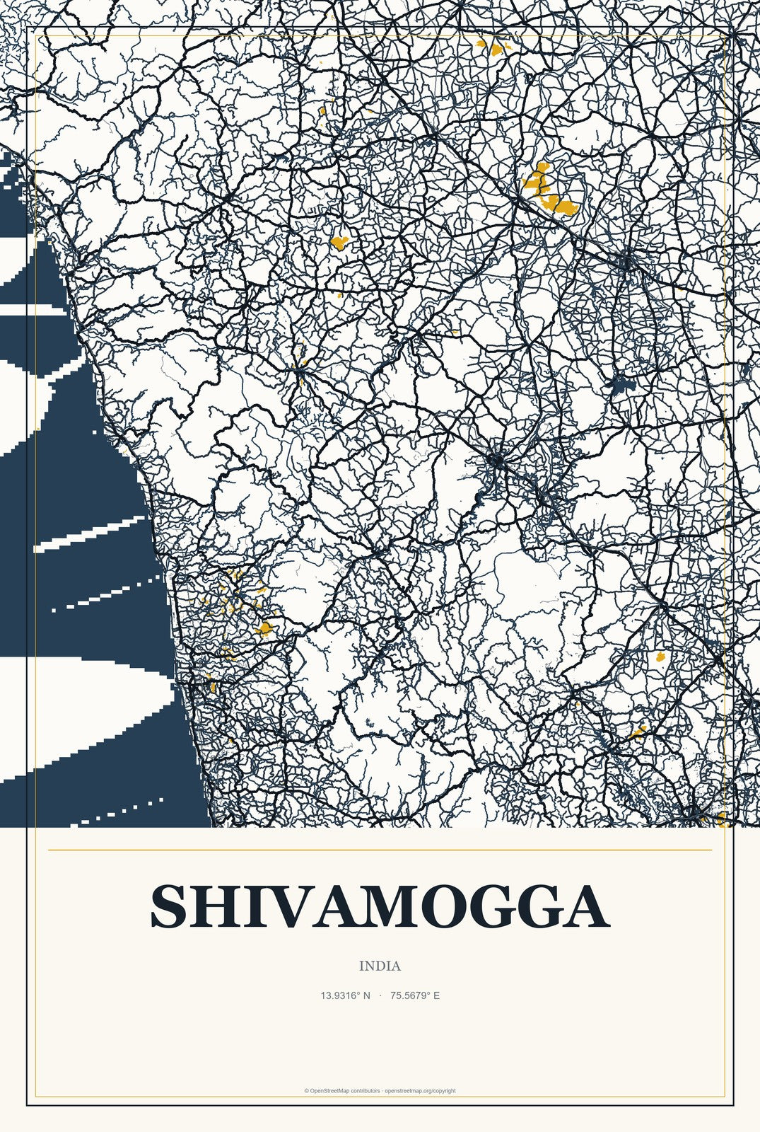 Shivamogga, India City Map Aluminum Sign in Citrine Modern style