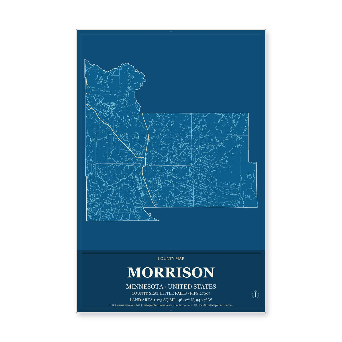 Morrison County, Minnesota Map Aluminum Sign in Harbor Cobalt style
