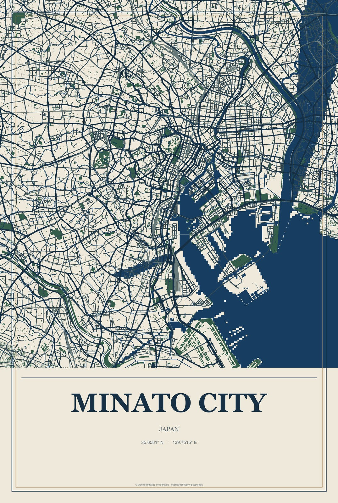 Minato City, Japan City Map Aluminum Sign in Coastal Cutout style