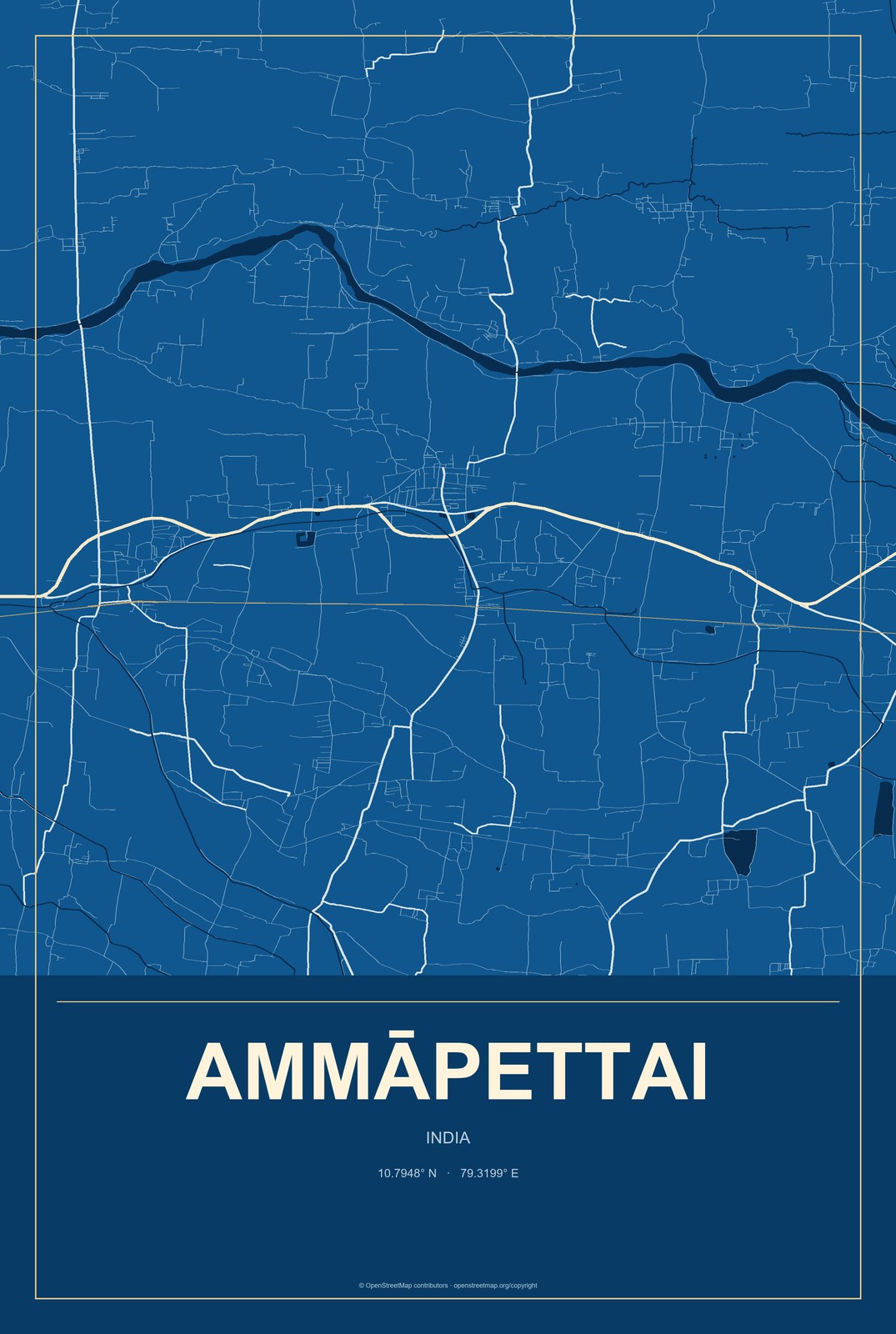 Ammāpettai, India City Map Aluminum Sign in Harbor Cobalt style