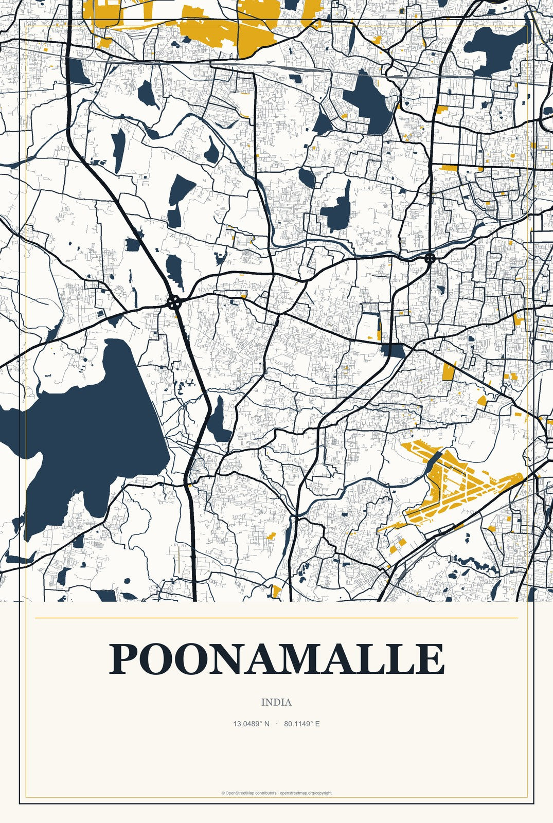 Poonamalle, India City Map Aluminum Sign in Citrine Modern style