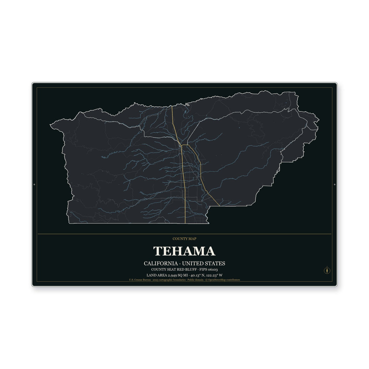 Tehama County, California Map Aluminum Sign in Metropolitan Noir style