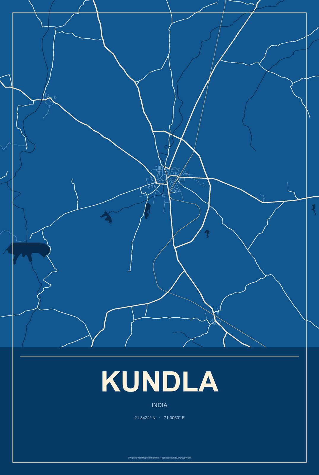 Kundla, India City Map Aluminum Sign in Harbor Cobalt style