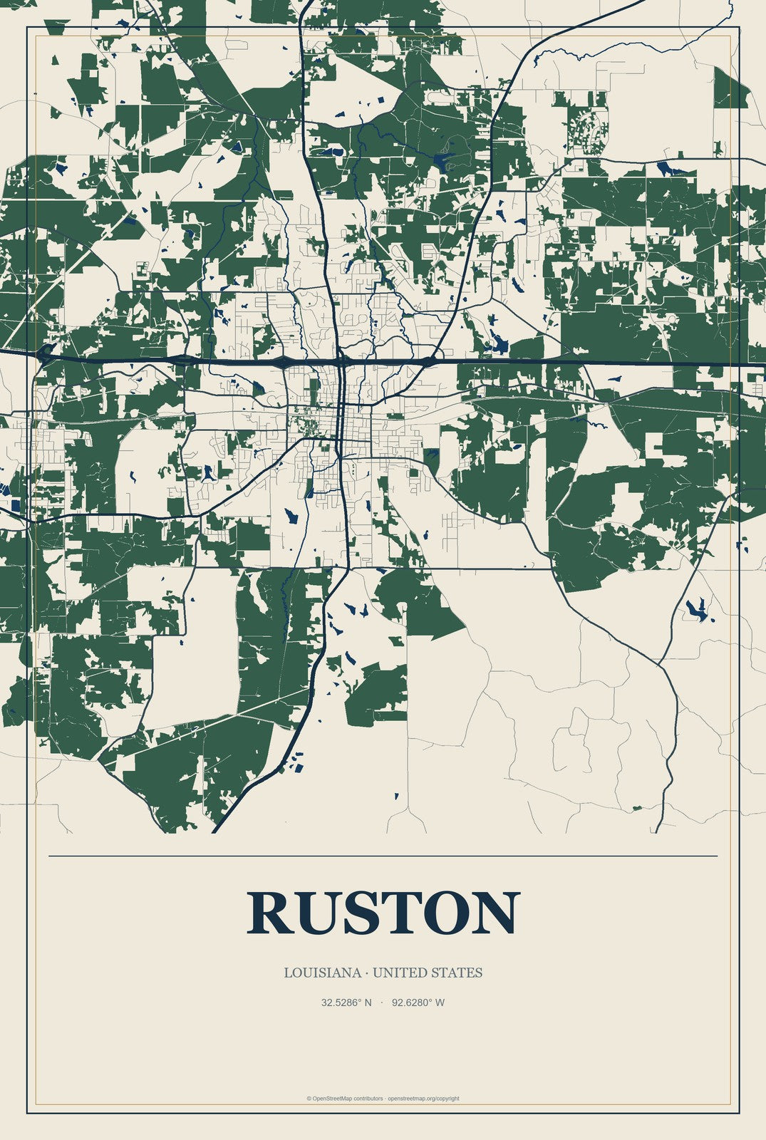 Ruston, Louisiana City Map Aluminum Sign in Coastal Cutout style