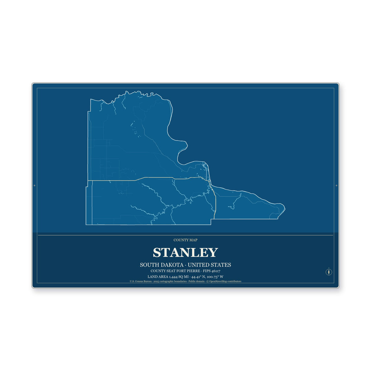 Stanley County, South Dakota Map Aluminum Sign in Harbor Cobalt style