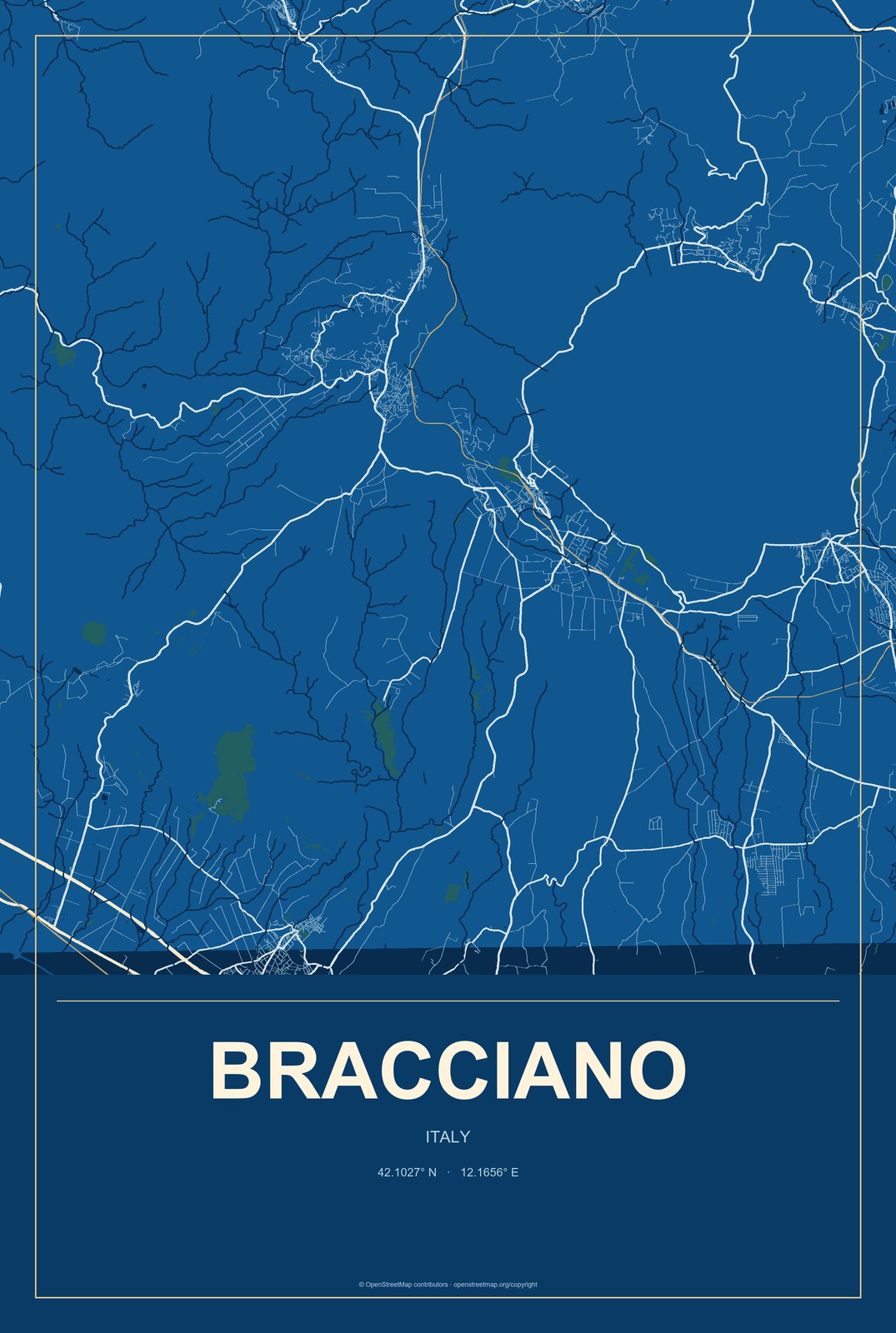 Bracciano, Italy City Map Aluminum Sign in Harbor Cobalt style