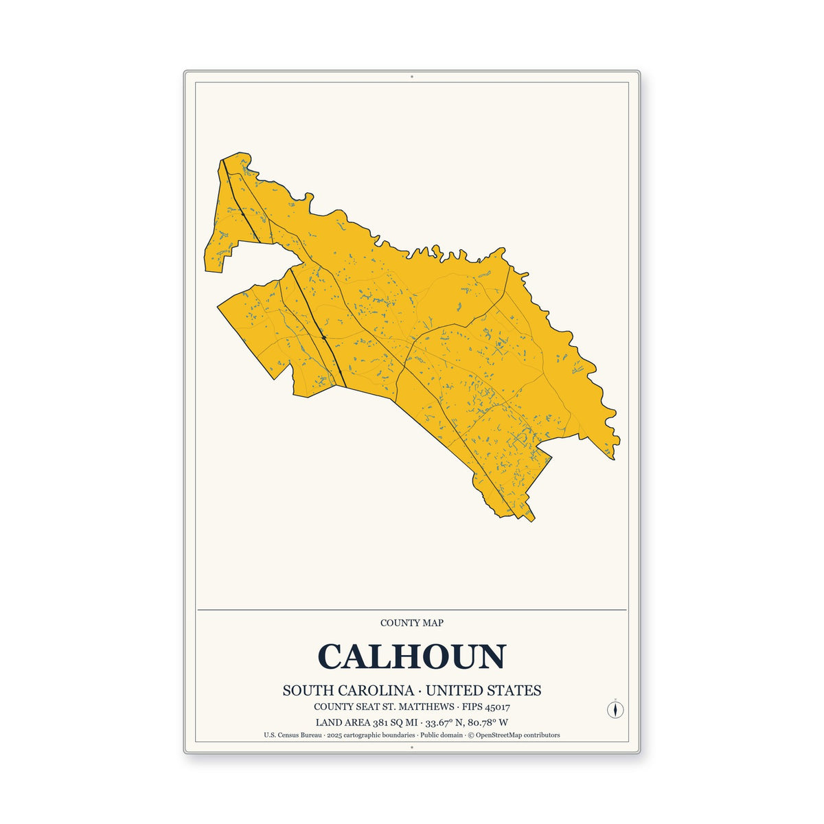 Calhoun County, South Carolina Map Aluminum Sign in Citrine Modern style