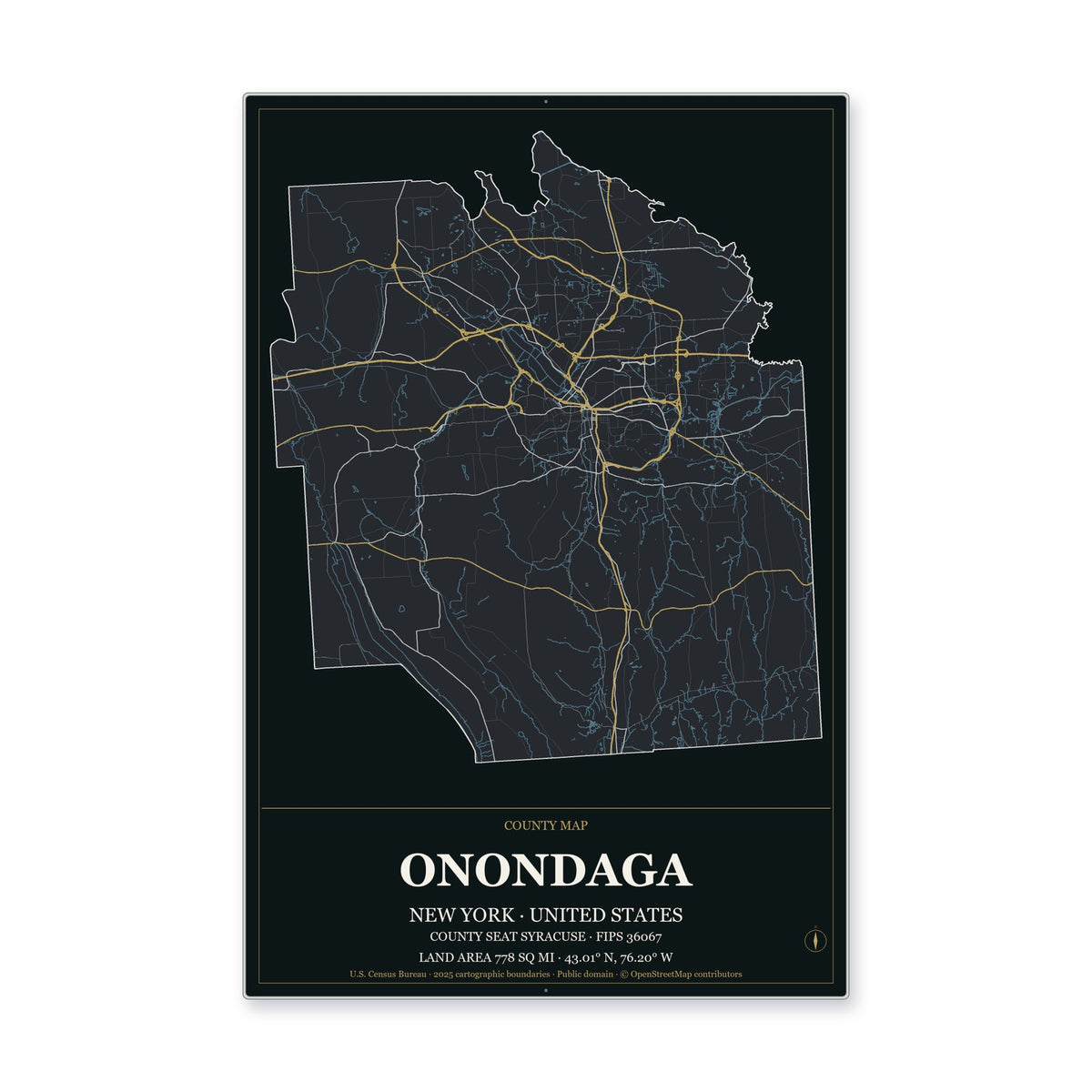 Onondaga County, New York Map Aluminum Sign in Metropolitan Noir style