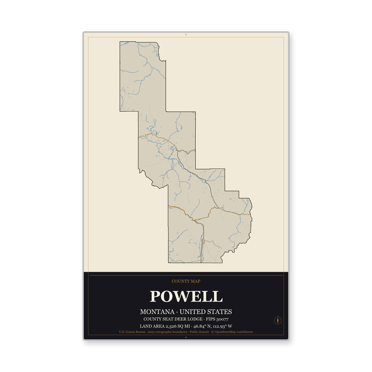 Powell County, Montana Map Aluminum Sign in Museum Plaque style
