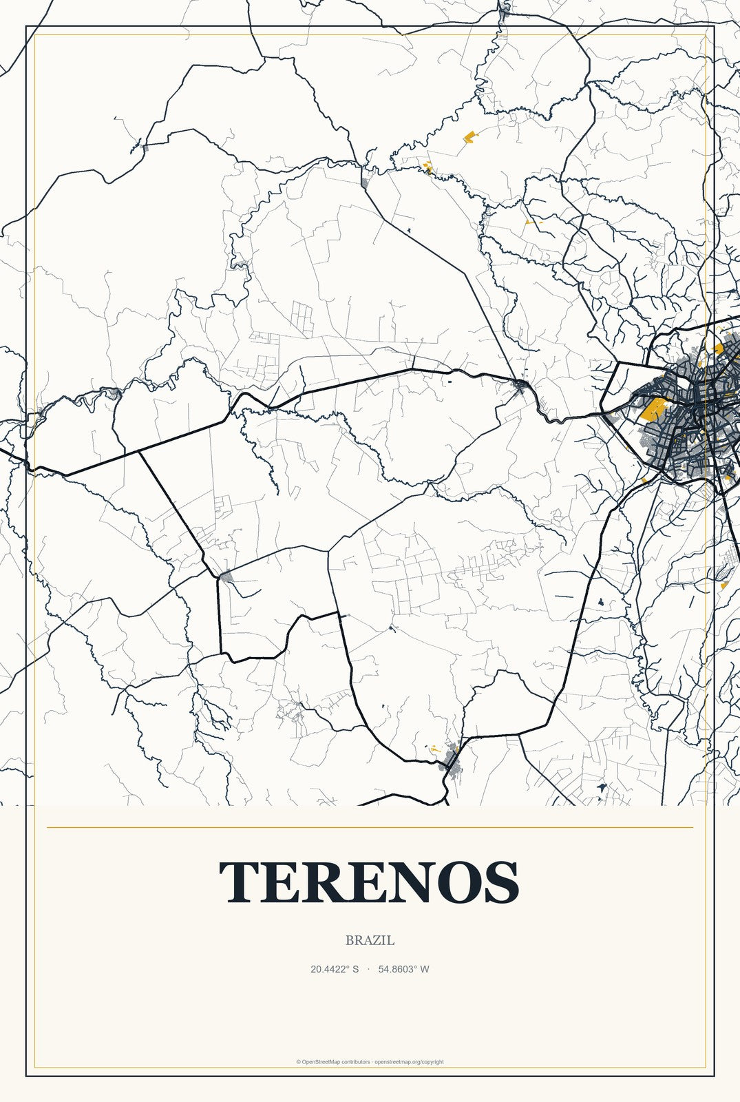 Terenos, Brazil City Map Aluminum Sign in Citrine Modern style