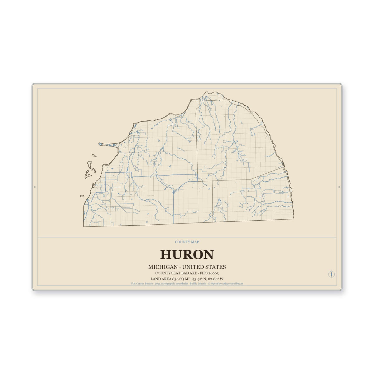 Huron County, Michigan Map Aluminum Sign in Heritage Nautical style