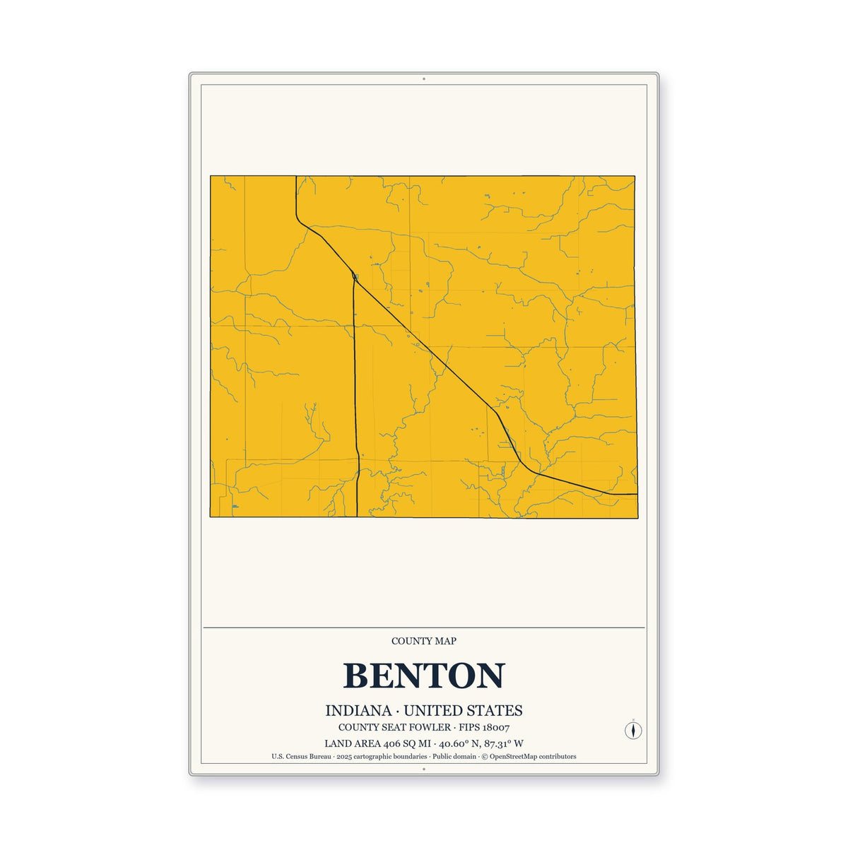 Benton County, Indiana Map Aluminum Sign in Citrine Modern style