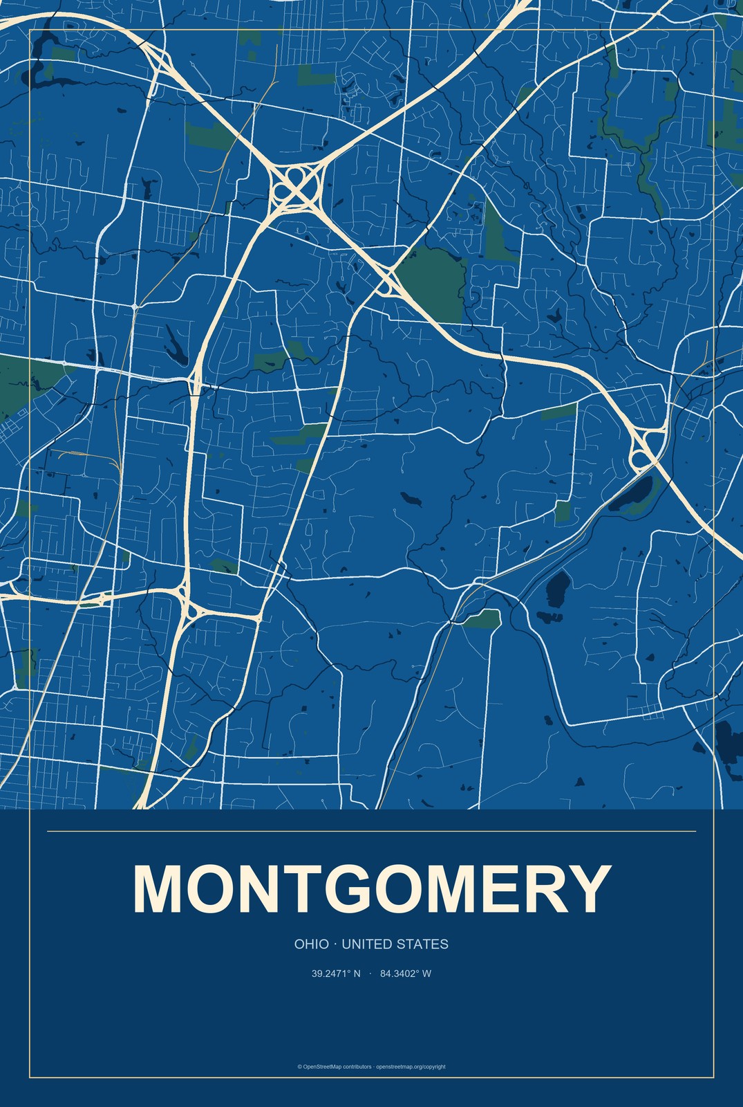Montgomery, Ohio City Map Aluminum Sign in Harbor Cobalt style