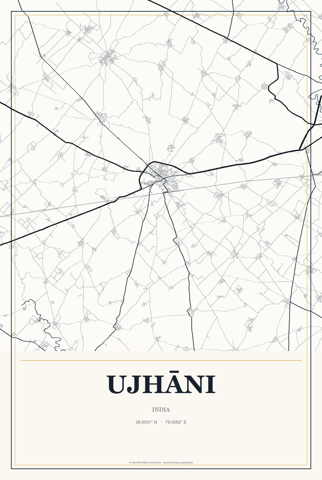 Ujhāni, India City Map Aluminum Sign in Citrine Modern style