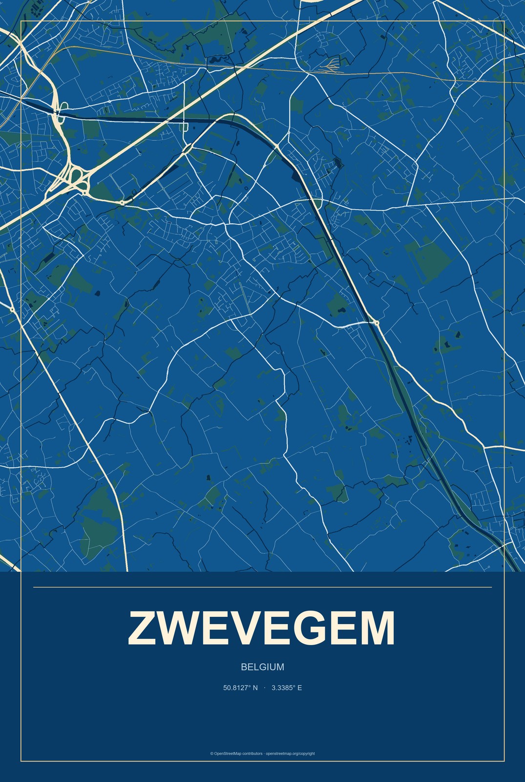 Zwevegem, Belgium City Map Aluminum Sign in Harbor Cobalt style