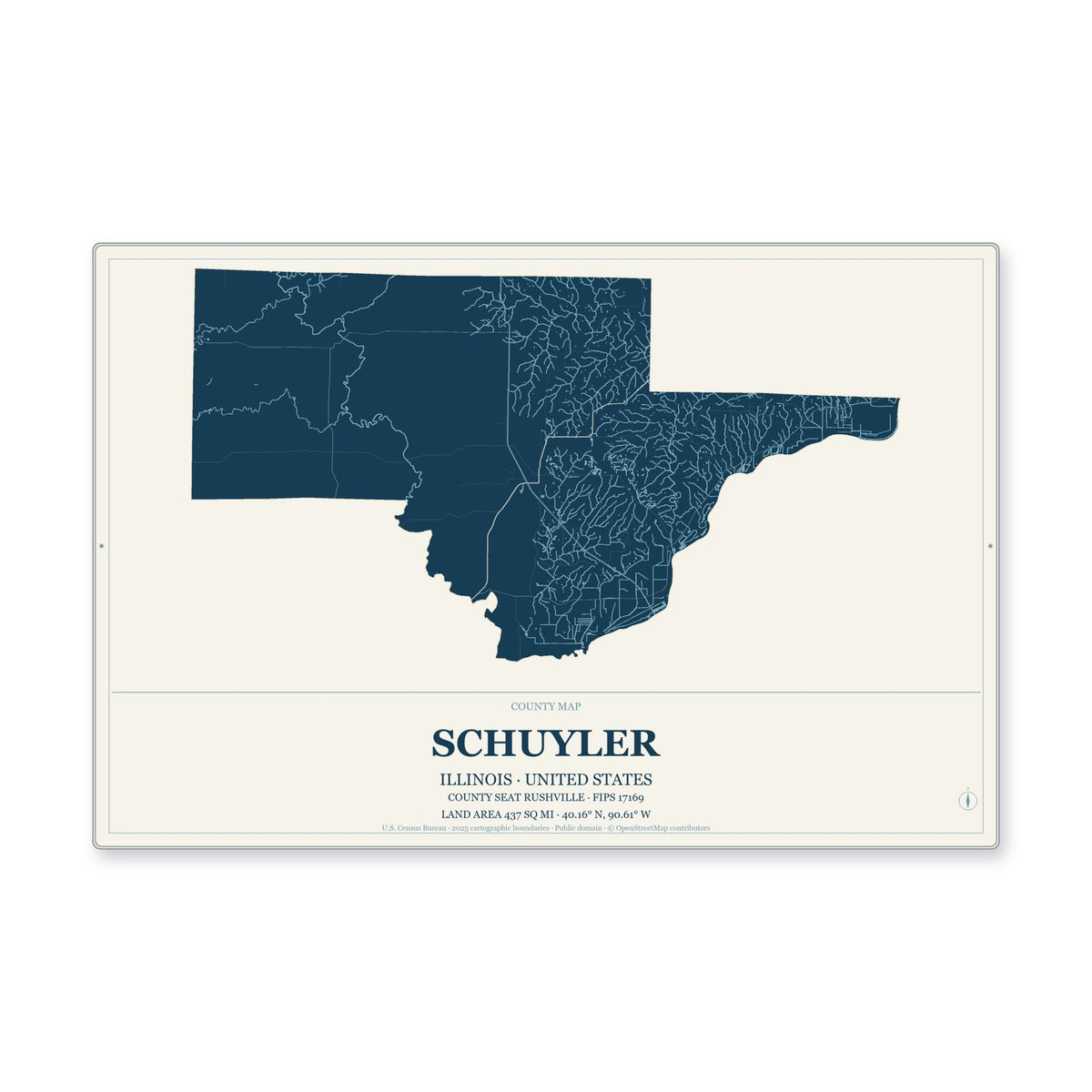 Schuyler County, Illinois Map Aluminum Sign in Coastal Cutout style