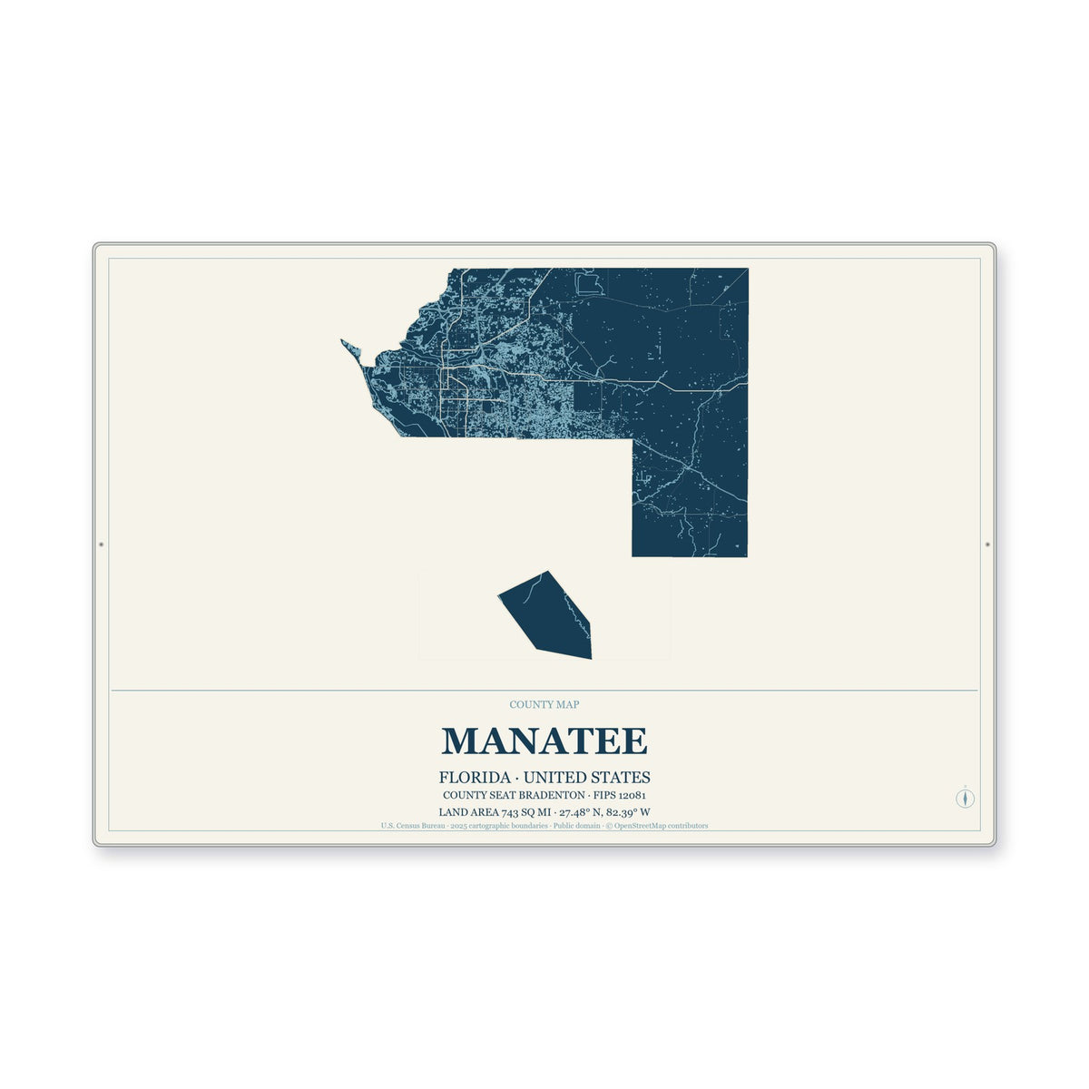 Manatee County, Florida Map Aluminum Sign in Coastal Cutout style