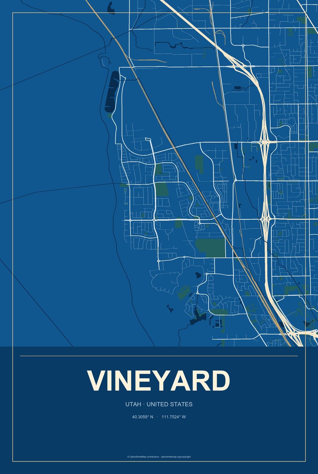 Vineyard, Utah City Map Aluminum Sign in Harbor Cobalt style