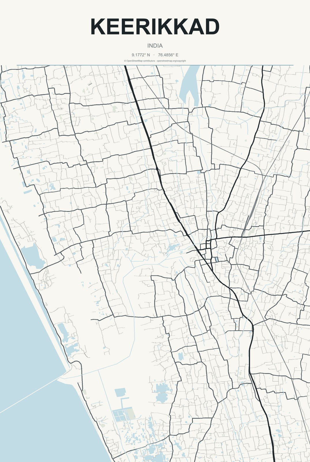 Keerikkad, India City Map Aluminum Sign in Headline Atlas style