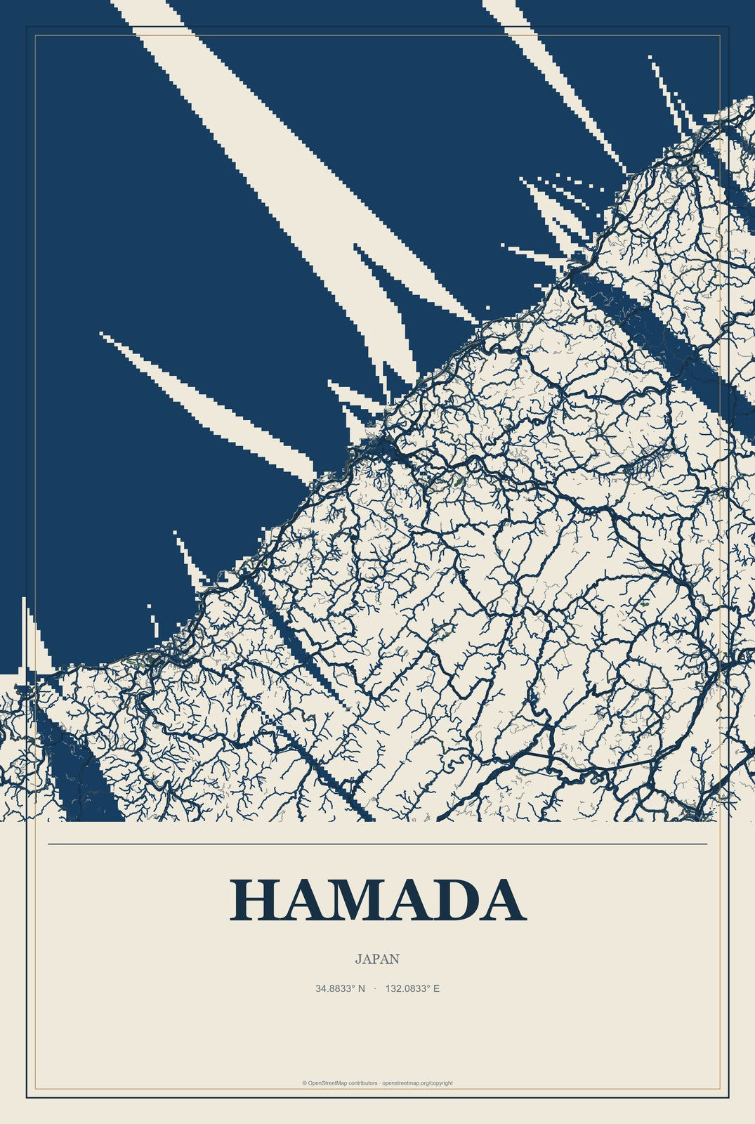Hamada, Japan City Map Aluminum Sign in Coastal Cutout style
