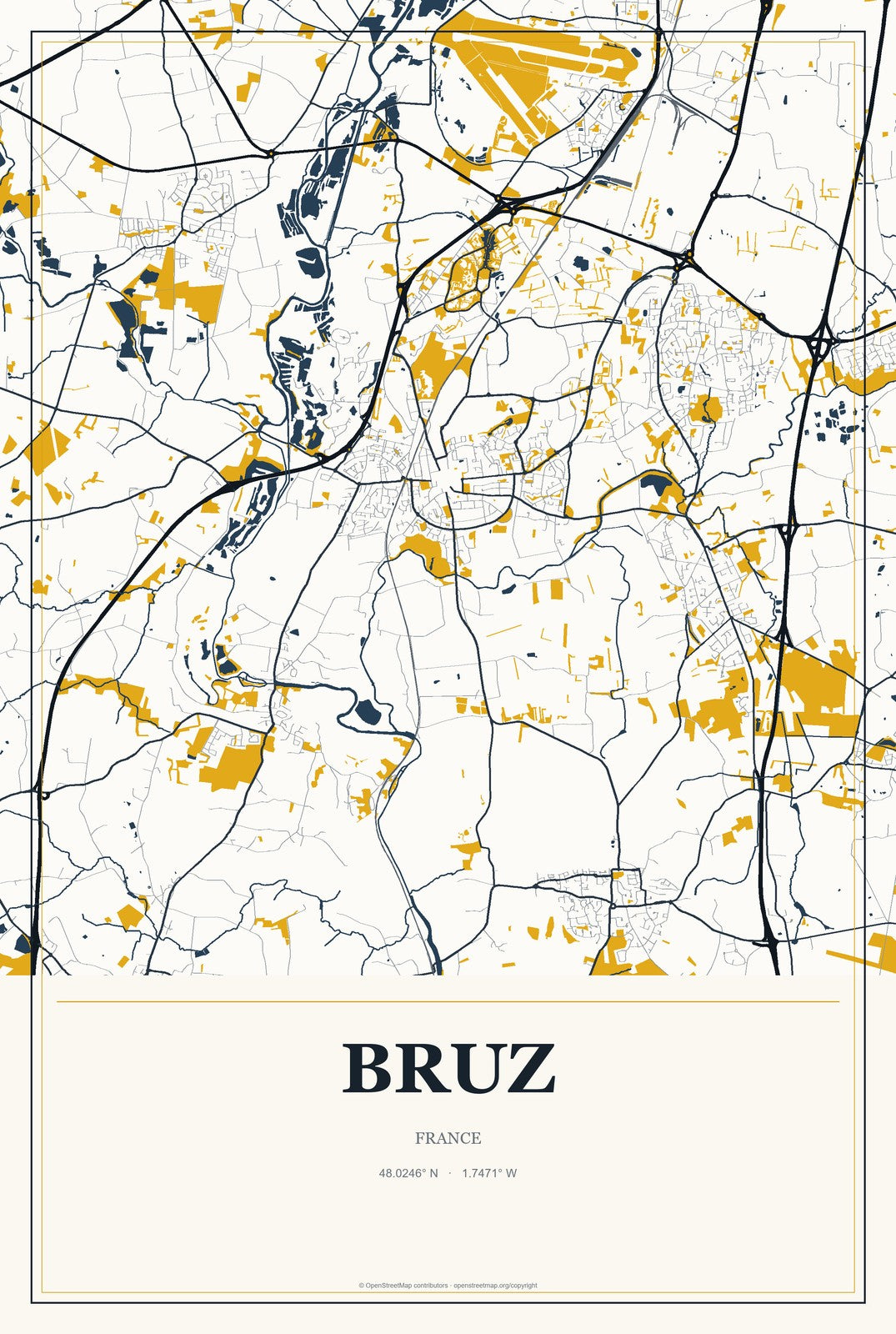 Bruz, France City Map Aluminum Sign in Citrine Modern style