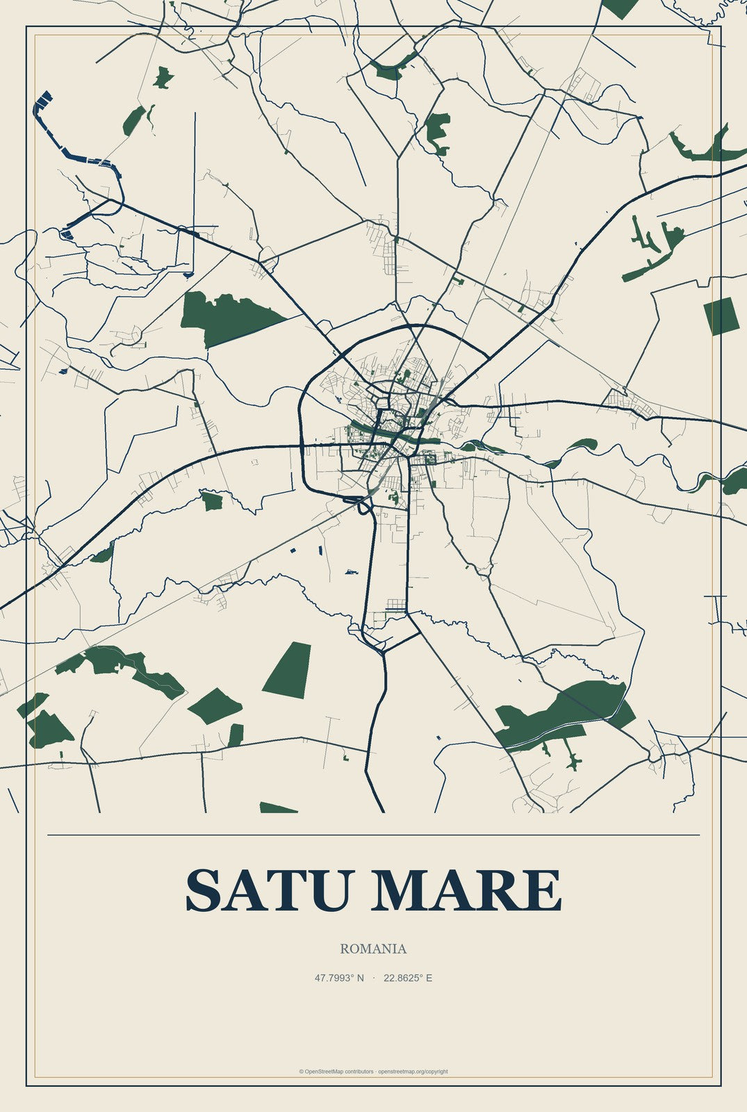 Satu Mare, Romania City Map Aluminum Sign in Coastal Cutout style