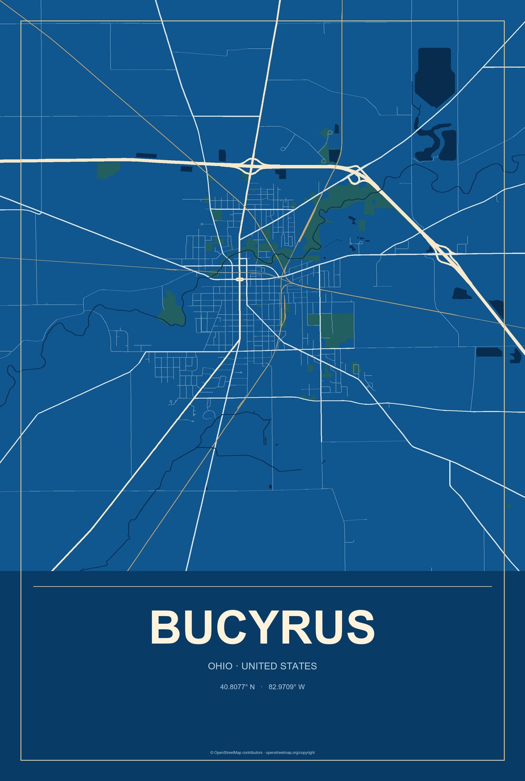 Bucyrus, Ohio City Map Aluminum Sign in Harbor Cobalt style