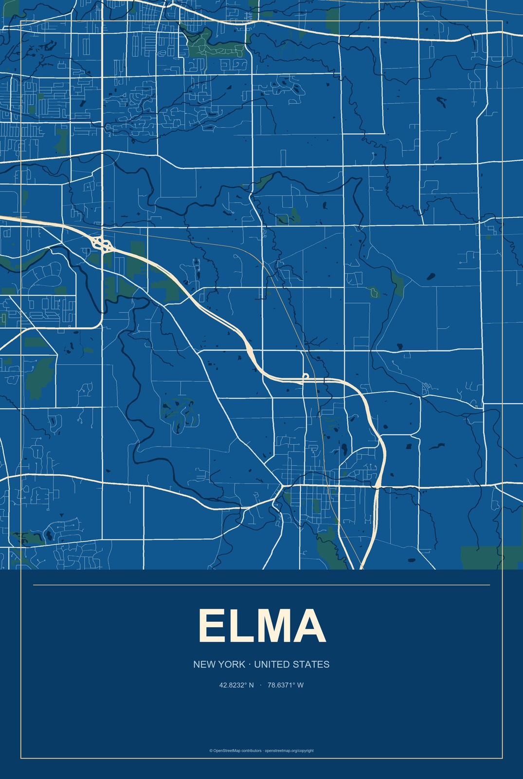 Elma, New York City Map Aluminum Sign in Harbor Cobalt style