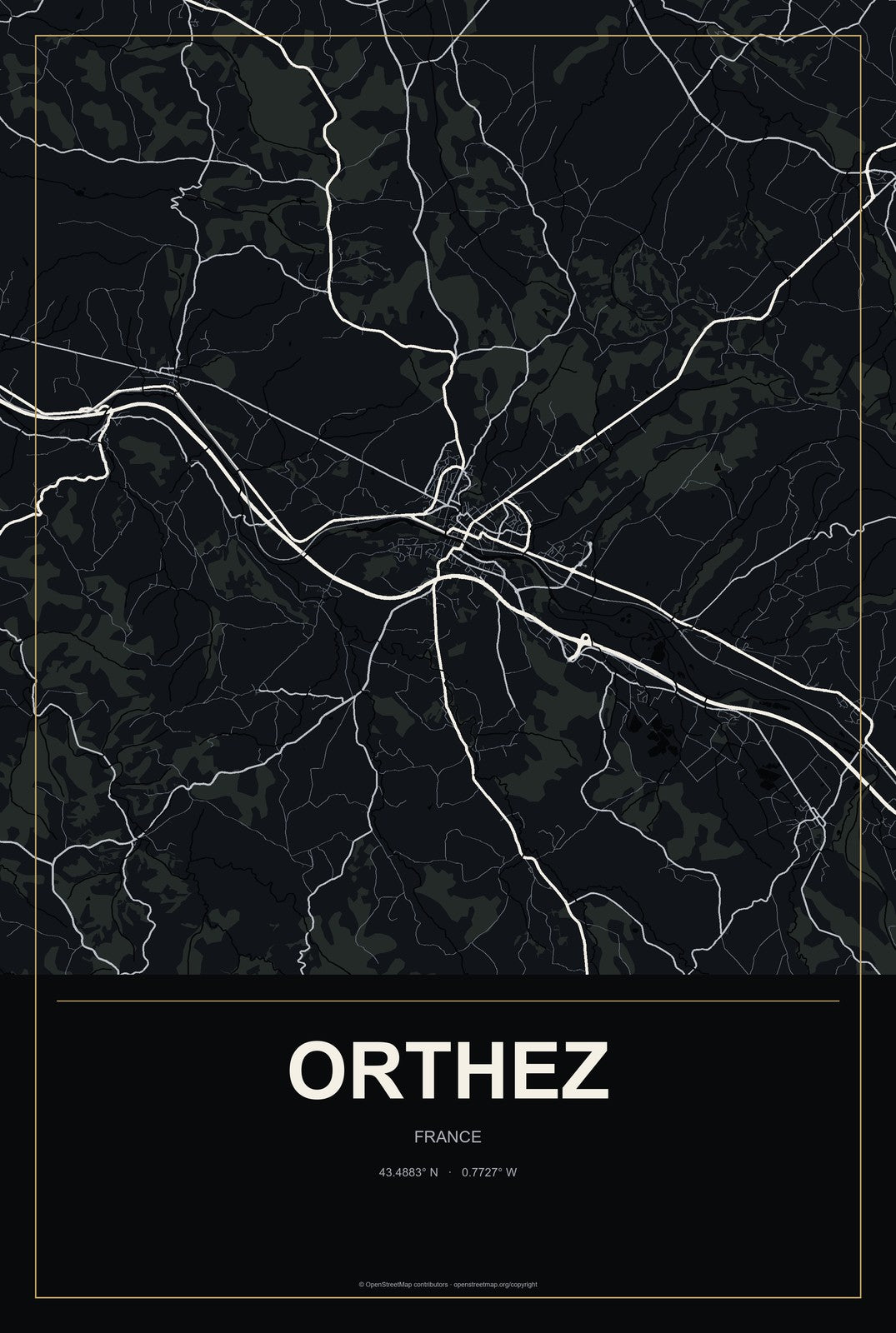 Orthez, France City Map Aluminum Sign in Metropolitan Noir style