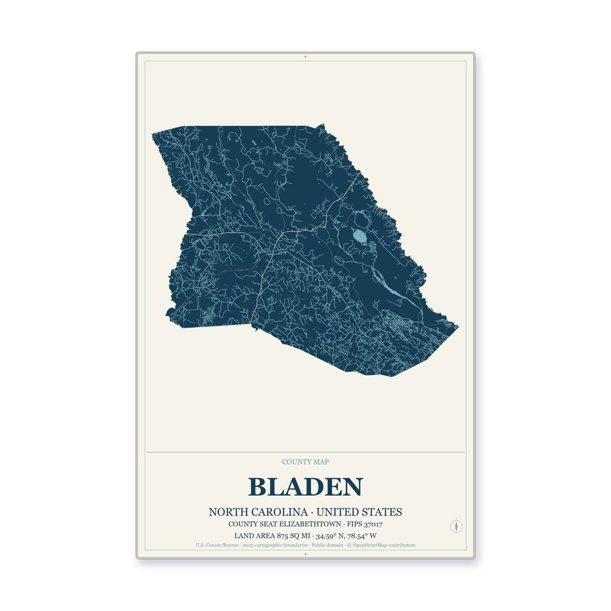 Bladen County, North Carolina Map Aluminum Sign in Coastal Cutout style
