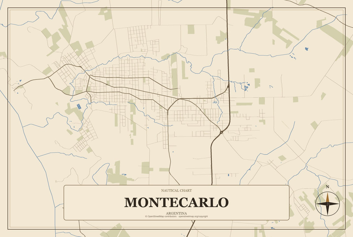 Montecarlo, Argentina City Map Aluminum Sign in Heritage Nautical style