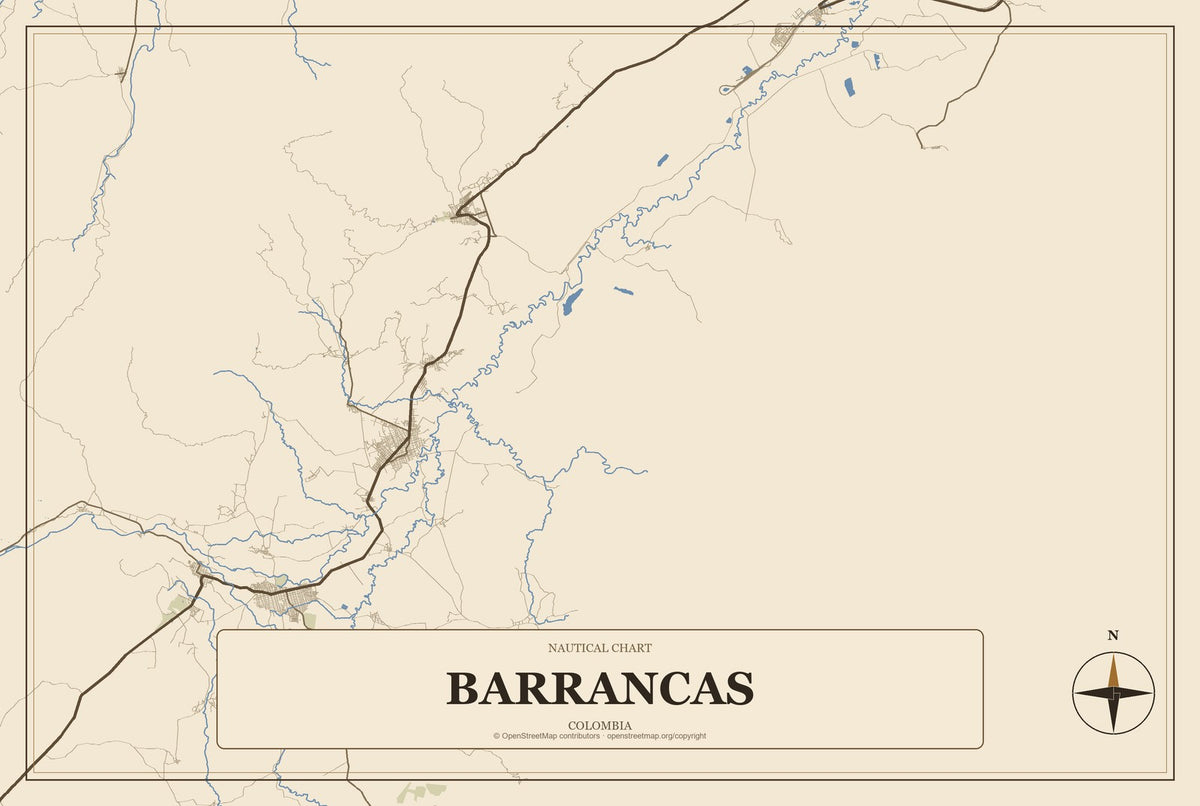 Barrancas, Colombia City Map Aluminum Sign in Heritage Nautical style
