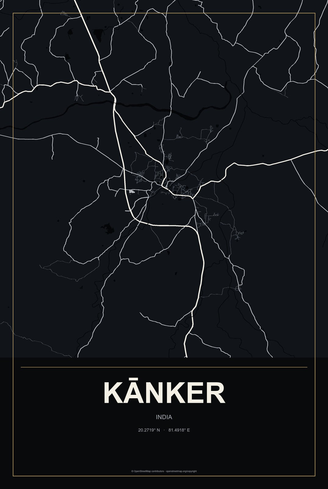 Kānker, India City Map Aluminum Sign in Metropolitan Noir style