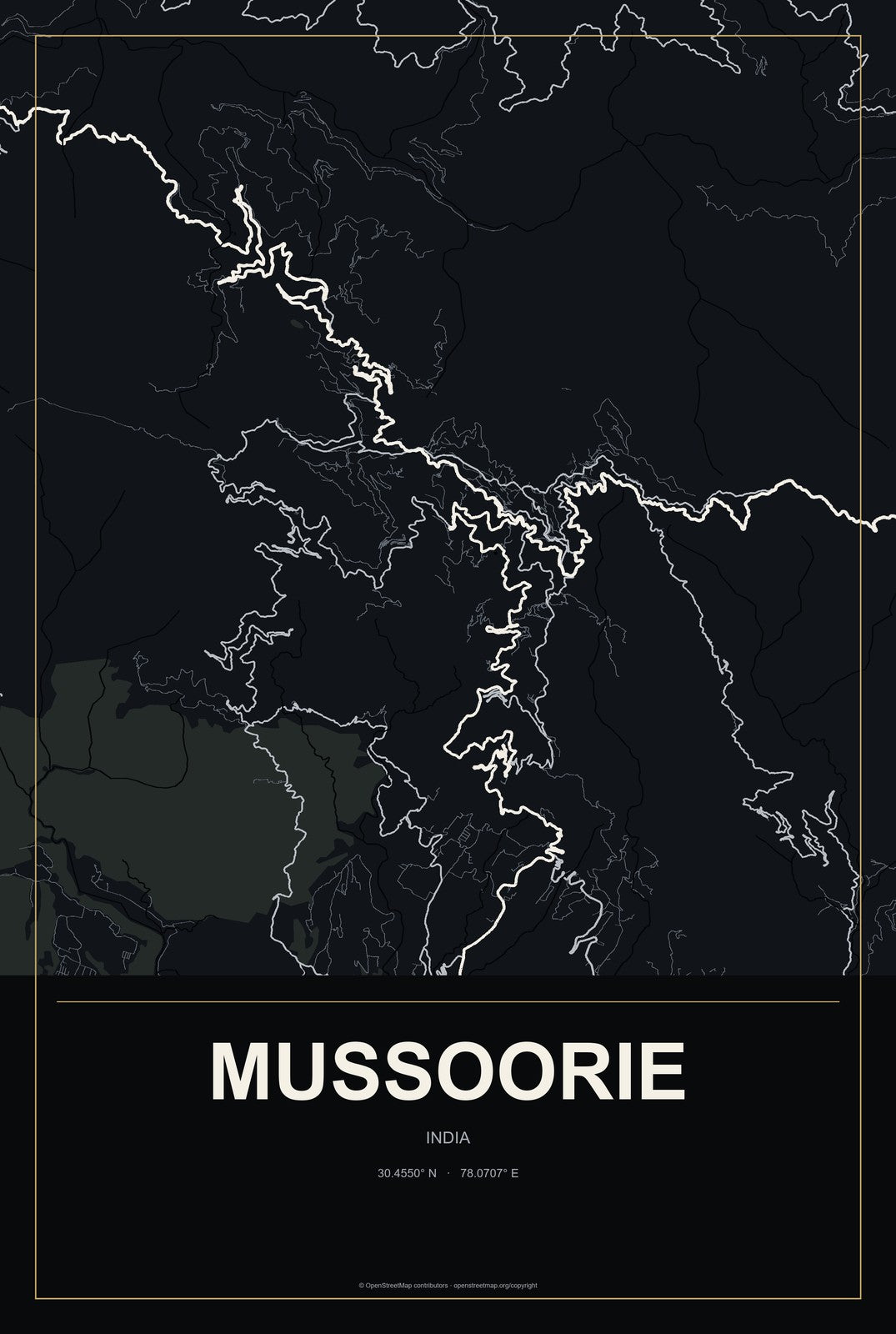Mussoorie, India City Map Aluminum Sign in Metropolitan Noir style