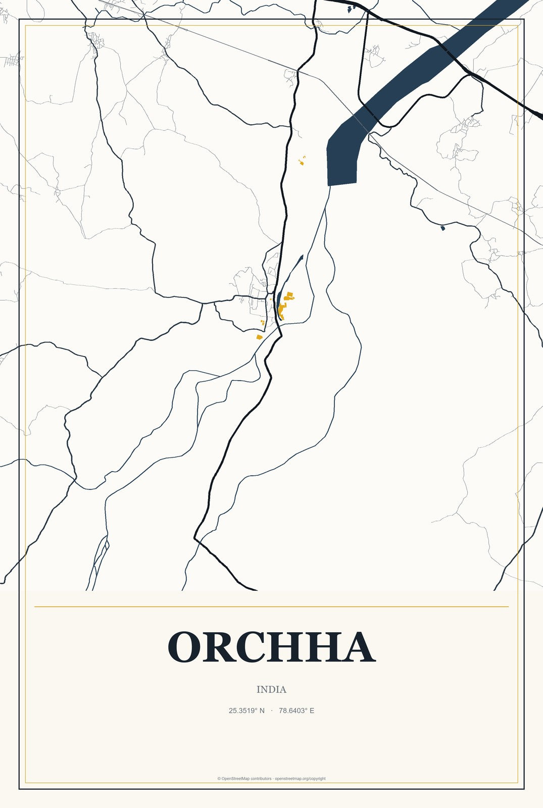 Orchha, India City Map Aluminum Sign in Citrine Modern style