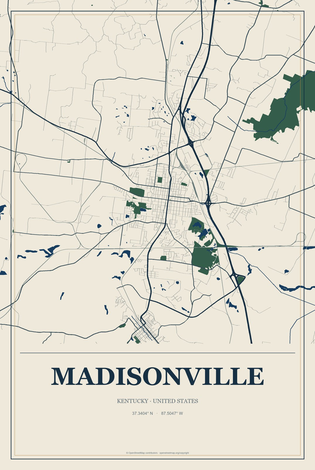 Madisonville, Kentucky City Map Aluminum Sign in Coastal Cutout style